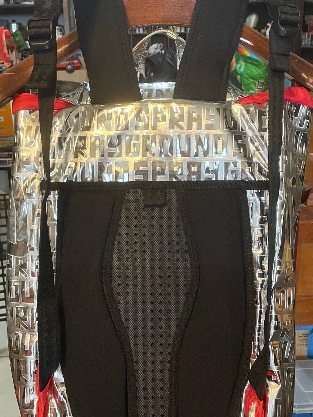 Sprayground Metallic Silver Logo Backpack with Red Accents